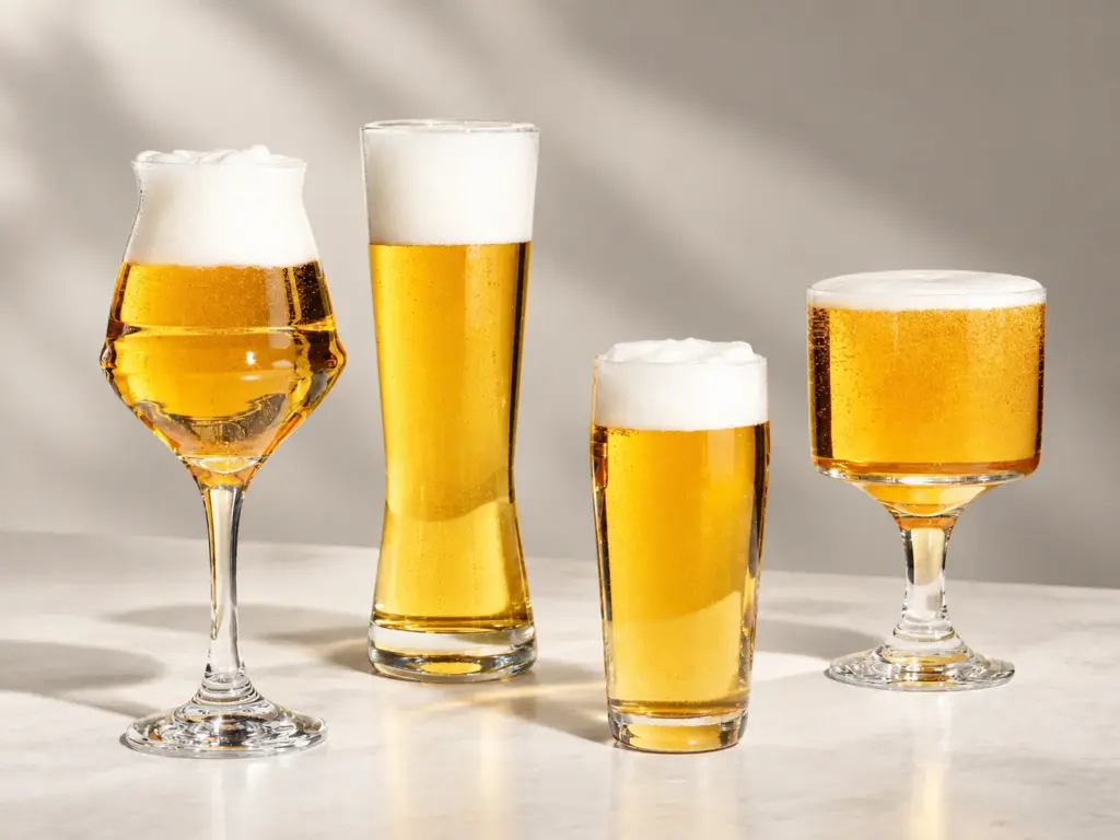 Bicchieri da birra per bar e ristorazione: stili, formati e resistenza 2 Forme di bicchieri da birra: calice da degustazione, bicchiere alto, bicchiere a colonna e calice a coppa